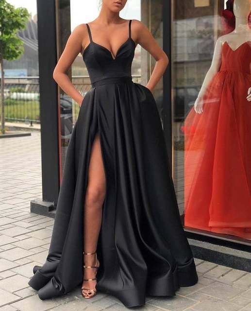 Women Elegant Sleeveless Solid Color Satin Simple Side-slit Dress