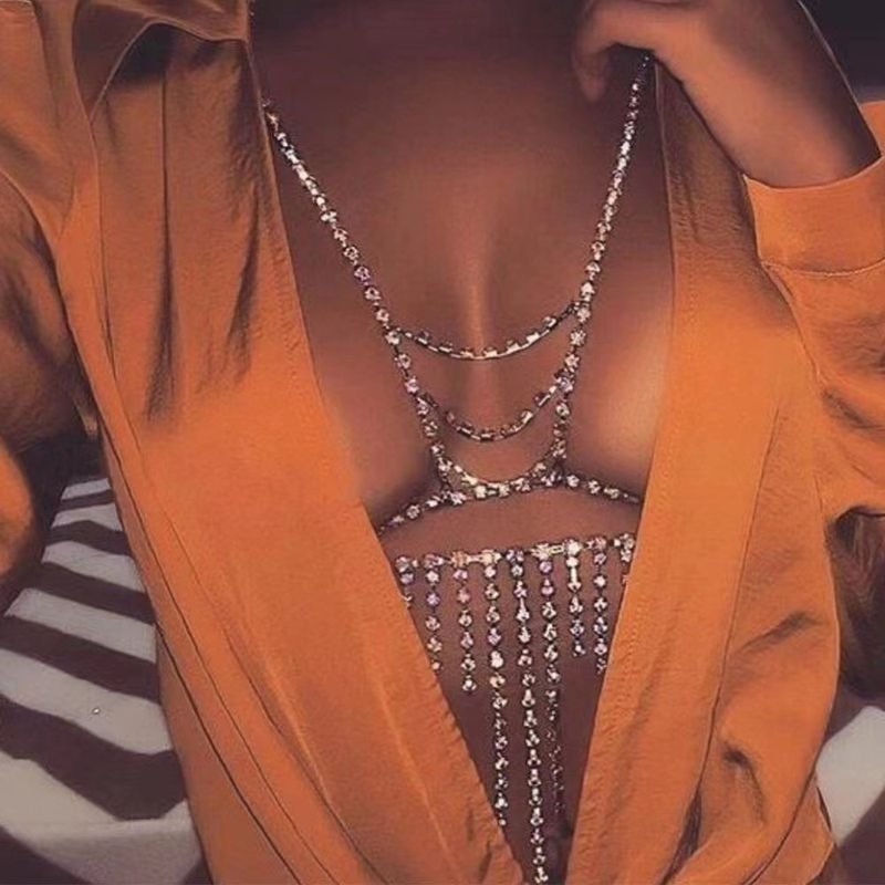 Women Fashion Multi-Layer Rhinestone Tassel Chest Chain Body Chain