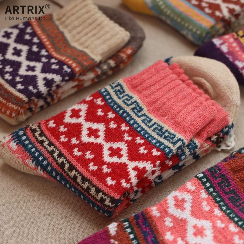 Neutral Simple Folk Wind Warm Thick Geometric Knitted Socks 5 Pairs-Bag