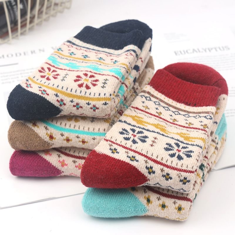 Neutral Simple Folk Wind Warm Thick Geometric Knitted Socks 5 Pairs-Bag