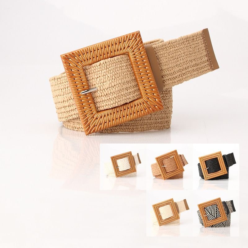 Women Fashion Imitation Grass Woven Plastic Buckle Belt