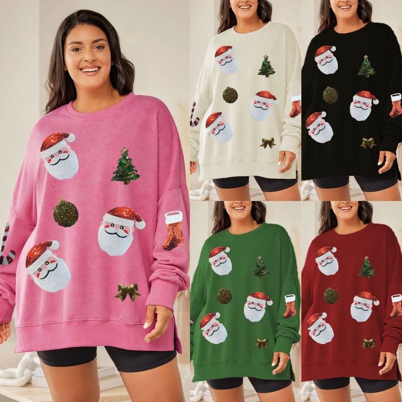 Women Fashion Christmas Tree Santa Claus Sequin Round Neck Long Sleeve Sweatshirt