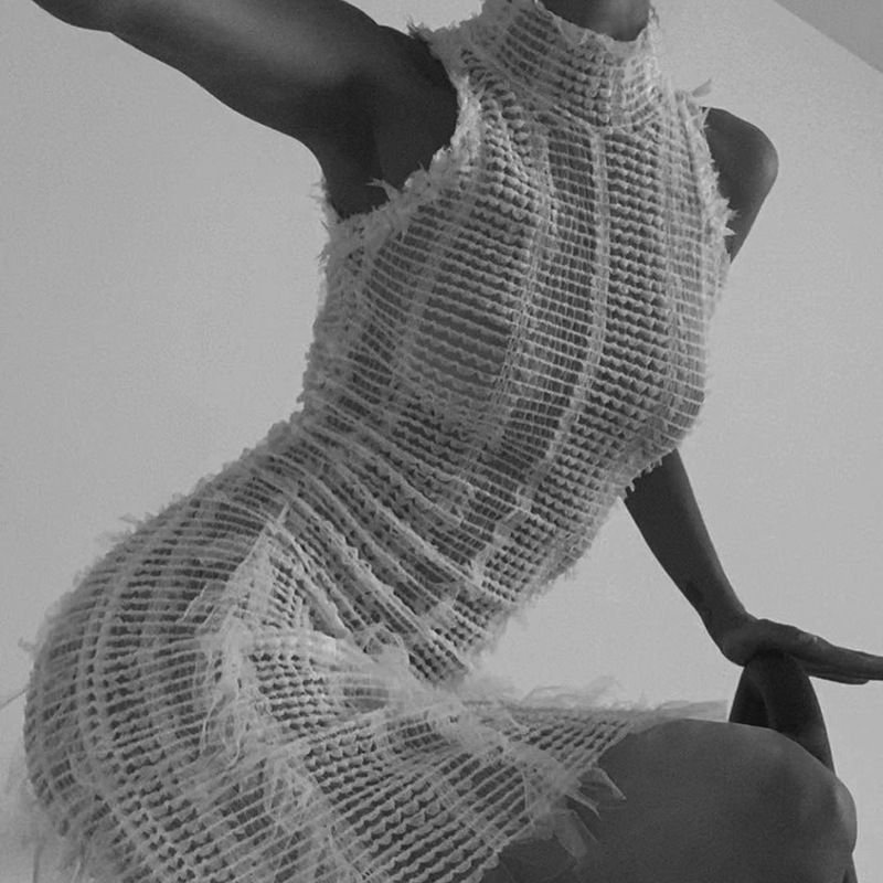 Summer Women Fashion Sexy Tassel See-Through Mesh Slim-Fit Sleeveless Dress