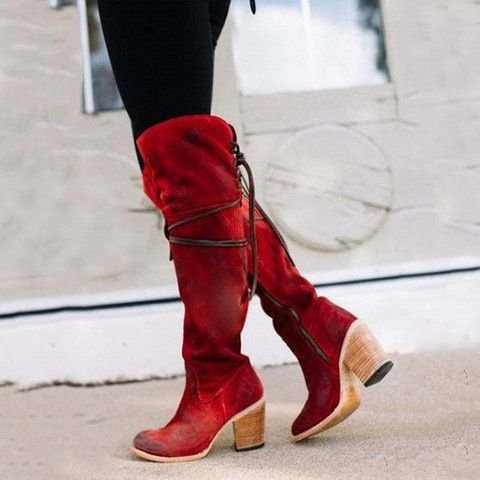 Autumn Winter Women Retro Warm Round Toe Chunky Heel High Boots