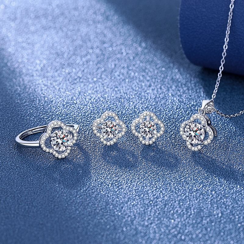 Women Simple Hollow-Out Four-Leaf Clover Necklace Earrings Ring