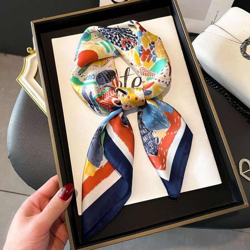 Women Fashion Stripe Letter Floral Print Square Silk Scarf