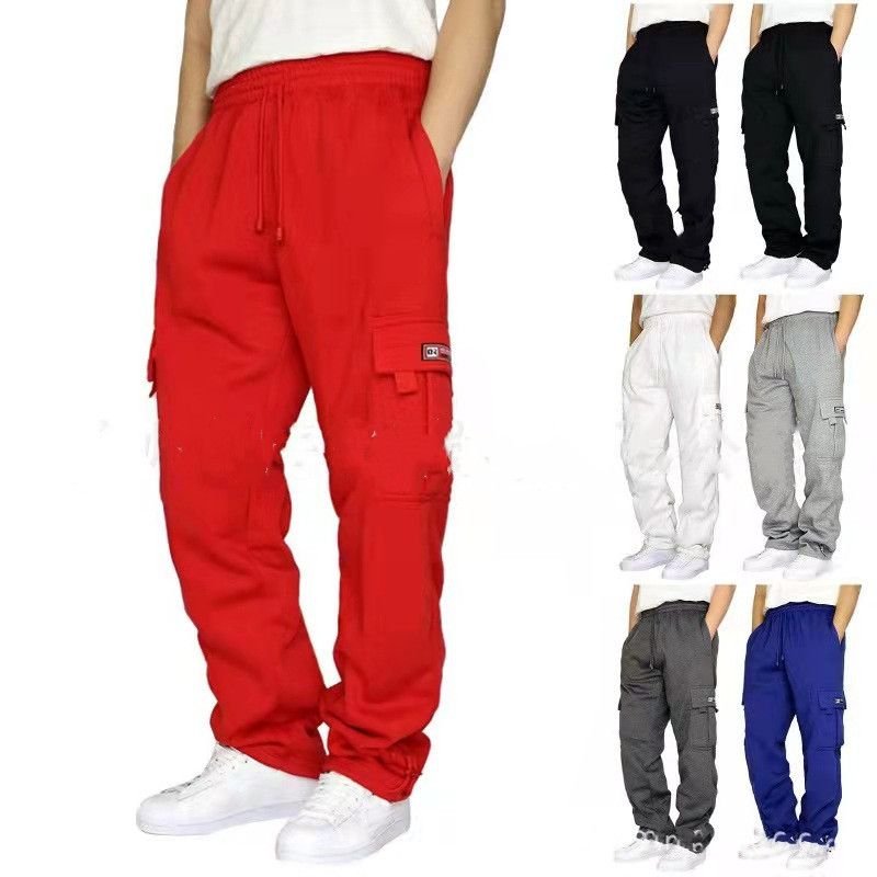 Men Autumn Winter Fashion Casual Athleisure Fleece Solid Color Plus Size Straight Cargo Pants