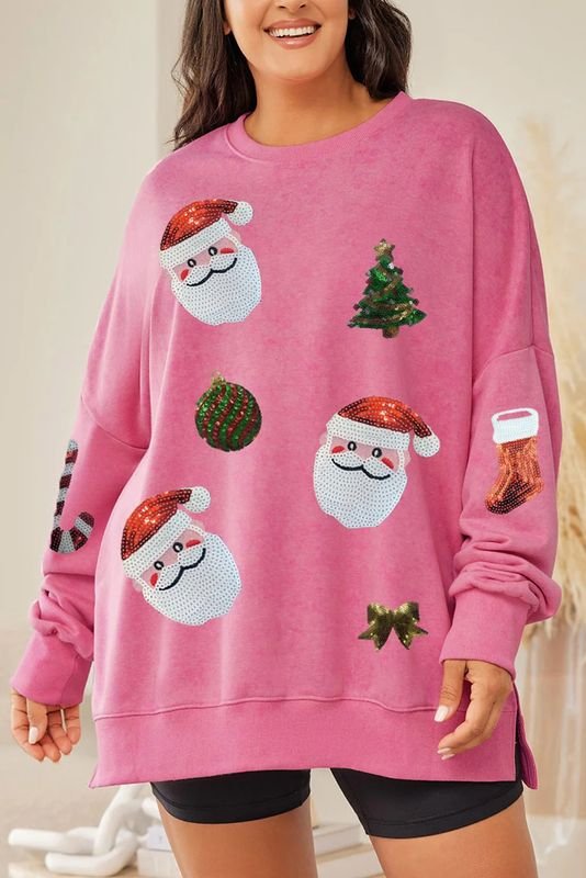 Women Fashion Christmas Tree Santa Claus Sequin Round Neck Long Sleeve Sweatshirt