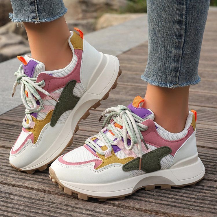 Women Fashion Vintage Multicolor Round Toe Lace-Up Thick-Soled Sneaker