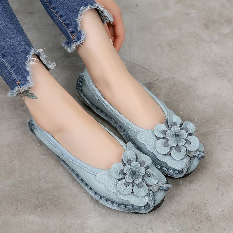 Soft Genuine Leather Flat Shoes Women Flats With Flowers Design Loafers