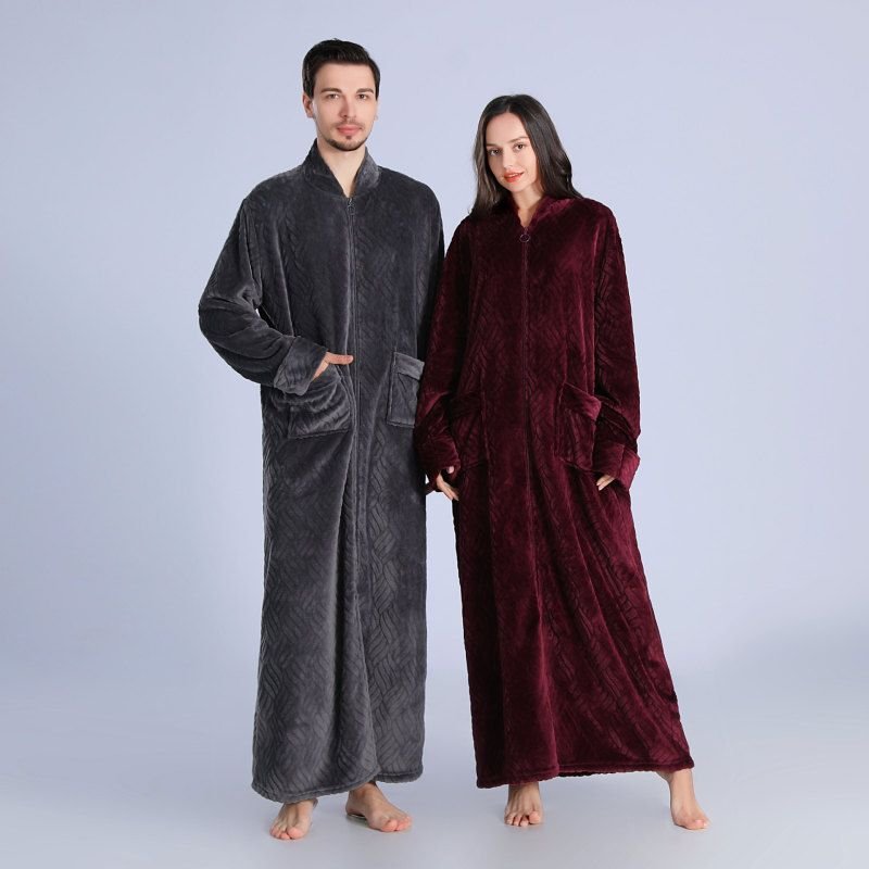 Couples Winter Fashion Casual Home Solid Color Stripe Flannel V Neck Zipper Long Sleeve Robes Sleepwear