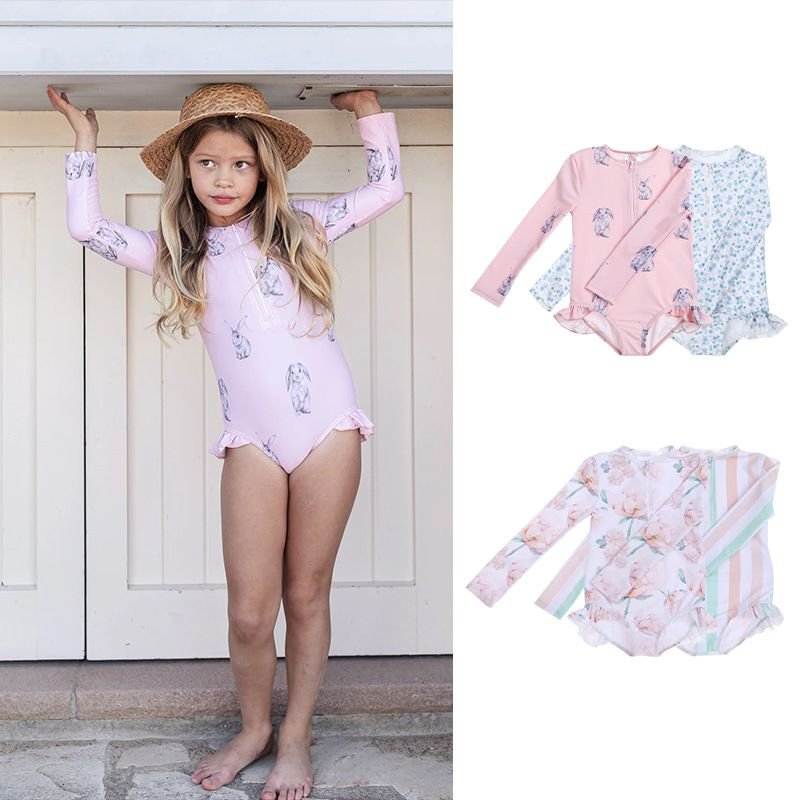 Kids Toddler Girls Casual Cute Tiny Flower Bunny Print Long Sleeve One Piece Swimwear