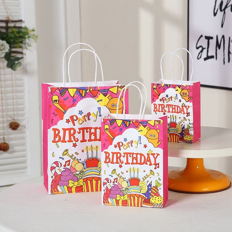 Fashion Happy Birthday Creative Cartoon Pattern Kraft Paper Handle Package Storage Bag