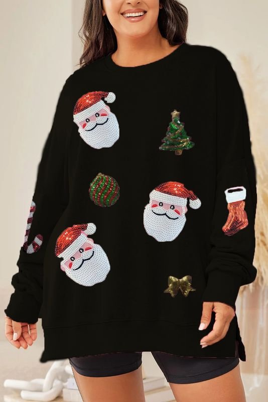 Women Fashion Christmas Tree Santa Claus Sequin Round Neck Long Sleeve Sweatshirt