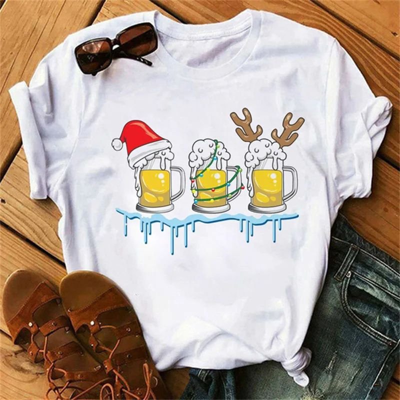 Summer Women Fashion Cartoon Christmas Wine Cup Christmas Hat Printed Round Neck Short Sleeve T-Shirt