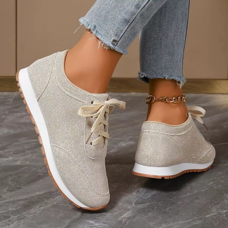 Women Casual Plus Size Solid Color Round Toe Flat Lace-Up Sneaker