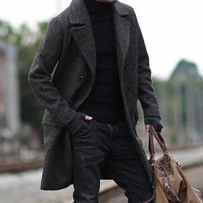 Men Fashion Casual Spring Autumn Basic Long Sleeve Lapel Woolen Trench Coat