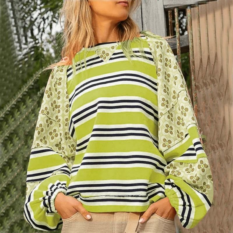 Autumn Winter Women Fashion Stripe Floral Printed Loose Round Neck Long Sleeve Sweatshirt