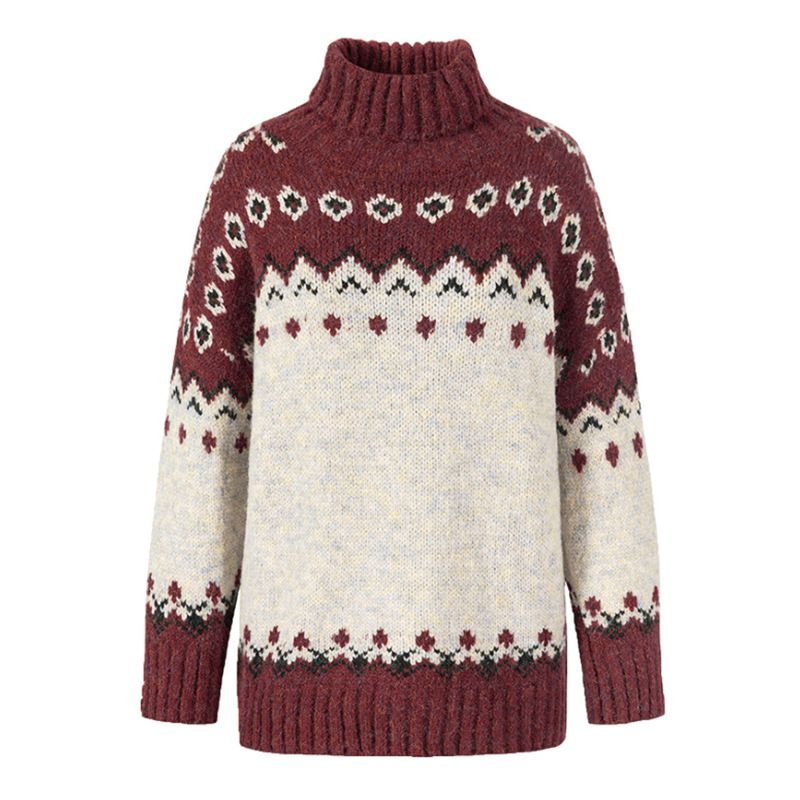 Autumn Winter Women Fashion Christmas Jacquard Knitted Round Neck Long Sleeve Sweater