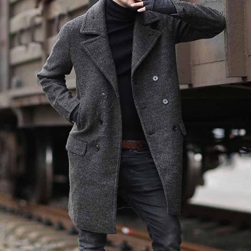 Men Fashion Casual Spring Autumn Basic Long Sleeve Lapel Woolen Trench Coat