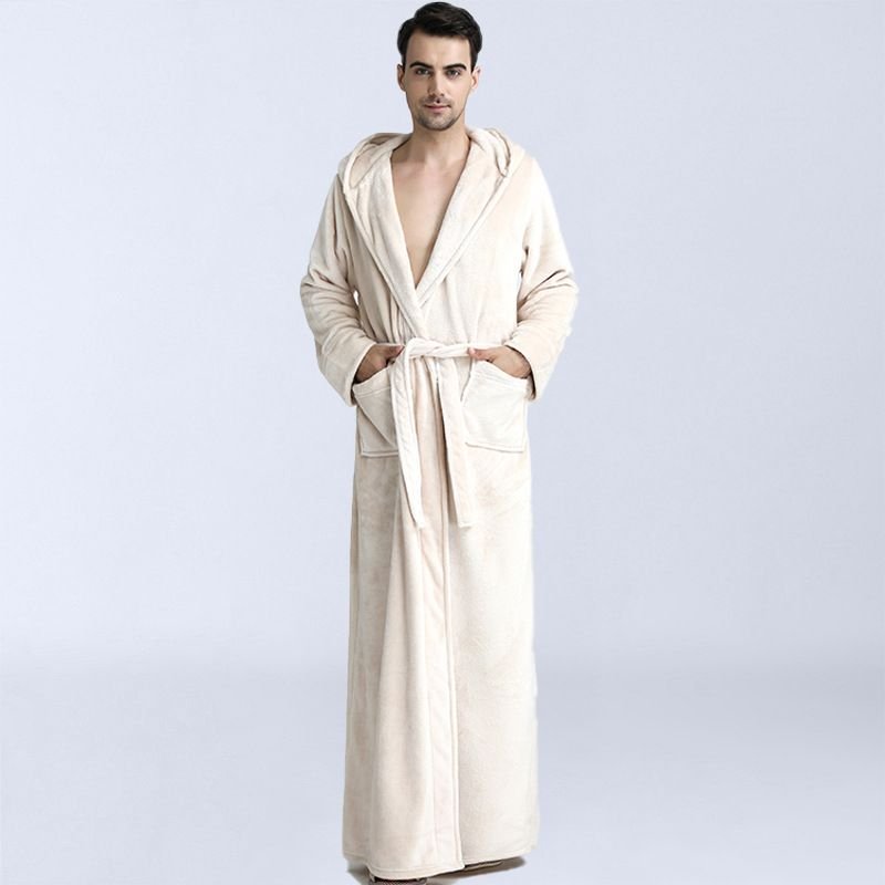 Men Winter Fashion Casual Home Solid Color Flannel Lapel Long Sleeve Hooded Robes Sleepwear