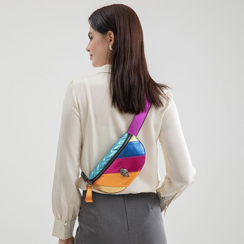 Women Fashion Multicolor Stripe Zipper Chest Bag