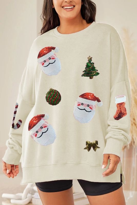 Women Fashion Christmas Tree Santa Claus Sequin Round Neck Long Sleeve Sweatshirt