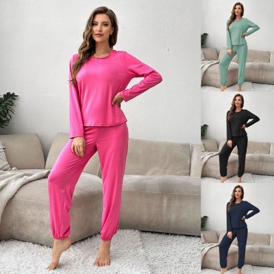 Women Casual Solid Color Long Sleeve Top And Pants Pajamas Two-Piece Set