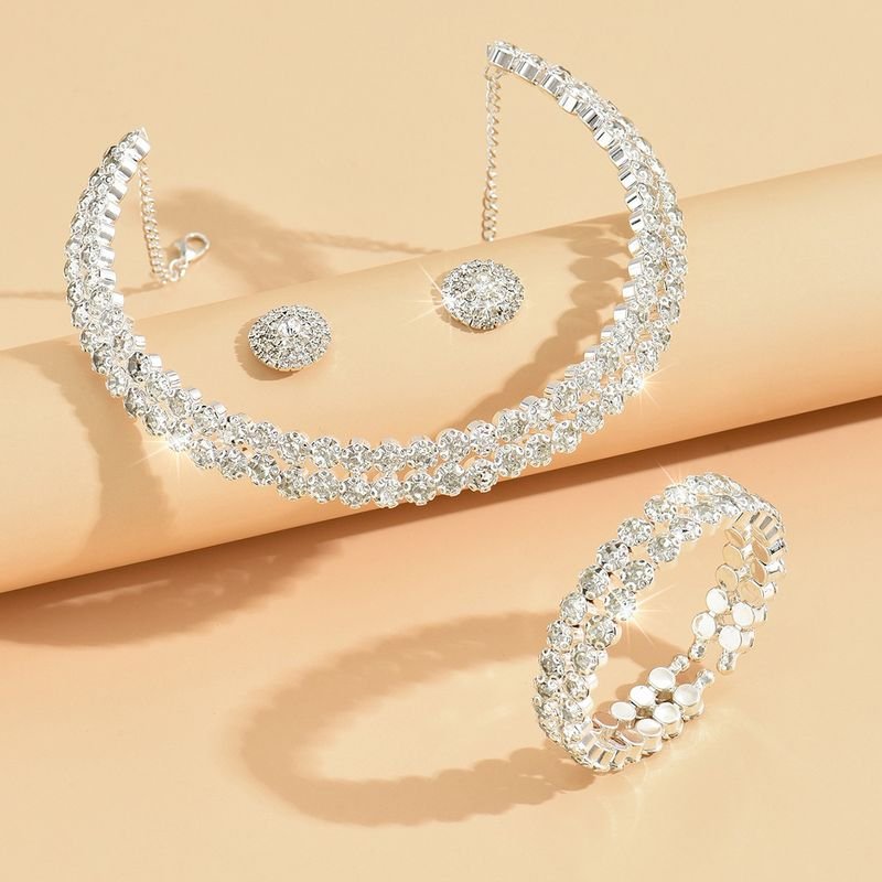 Women Fashion Simple Rhinestone Necklace Bracelet Earrings Three-Piece Set