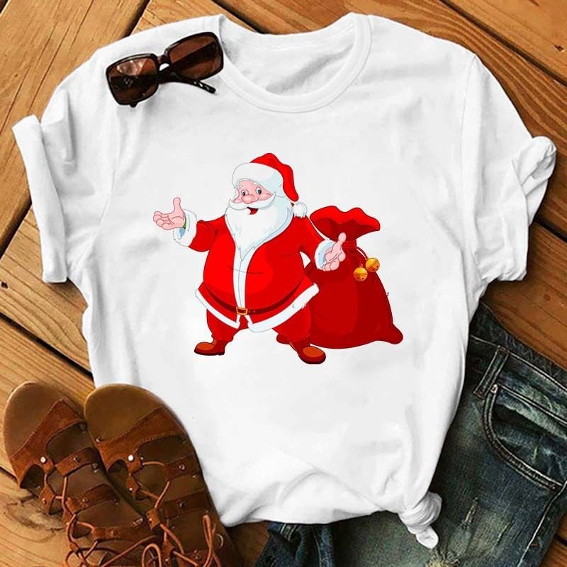 Summer Women Fashion Cartoon Christmas Snowman Santa Claus Print Round Neck Short Sleeve T-Shirt