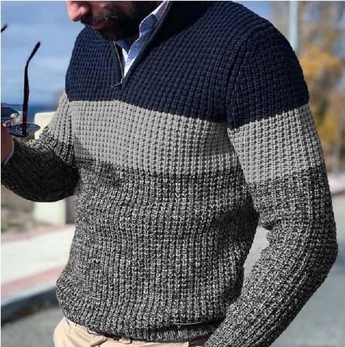 Men Fashion Casual Autumn Winter Color Matching Long Sleeve Half Zipper Knitted Sweater