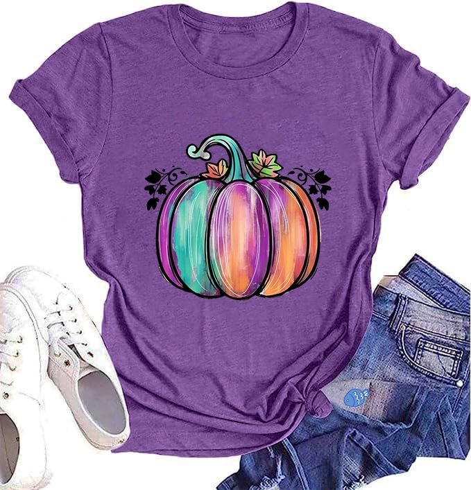 Women Thanksgiving Pumpkin Printed Colored Cotton T-Shirt