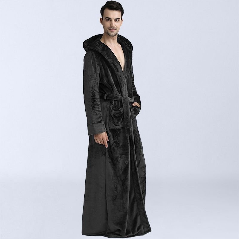 Men Winter Fashion Casual Home Solid Color Flannel Lapel Long Sleeve Hooded Robes Sleepwear