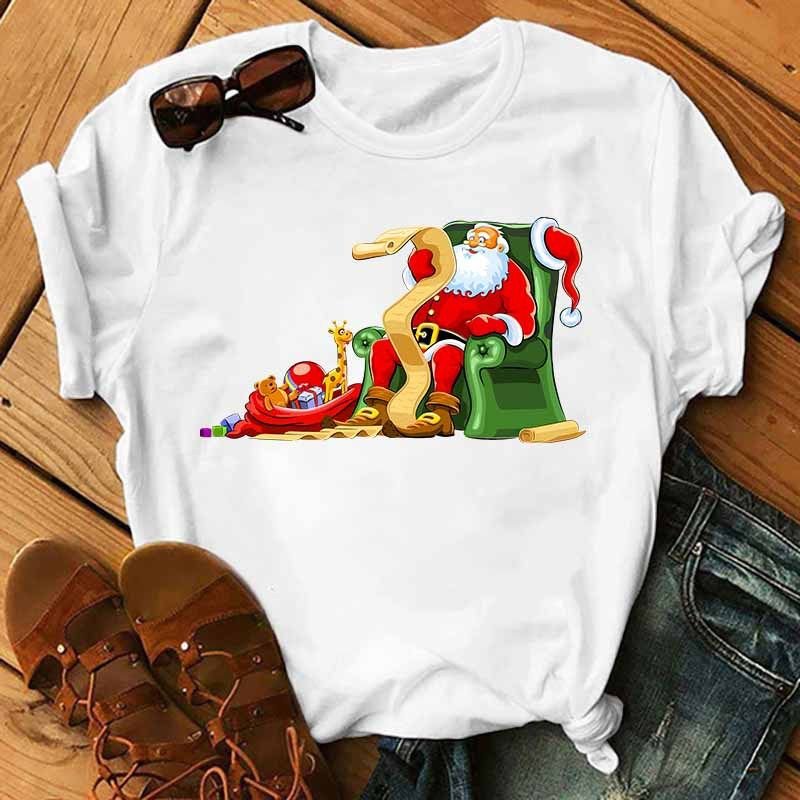 Summer Women Fashion Cartoon Christmas Snowman Santa Claus Print Round Neck Short Sleeve T-Shirt