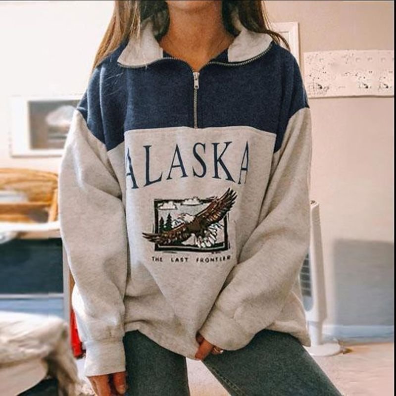 Women Fashion Letter Eagle Print Half Zip Long Sleeve Sweatshirt