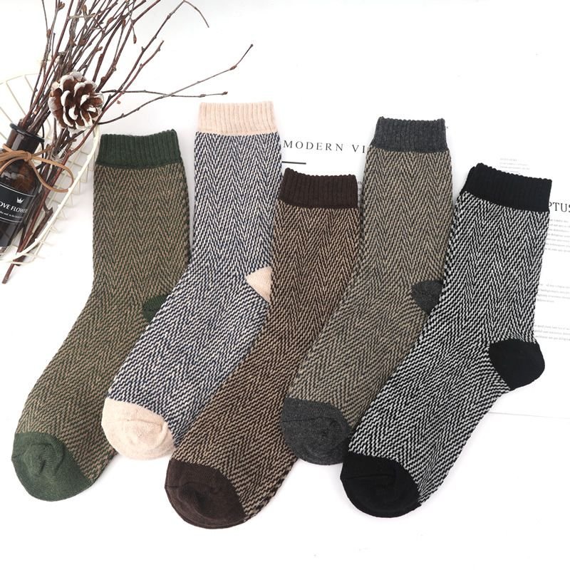 Neutral Simple Folk Wind Warm Thick Geometric Knitted Socks 5 Pairs-Bag