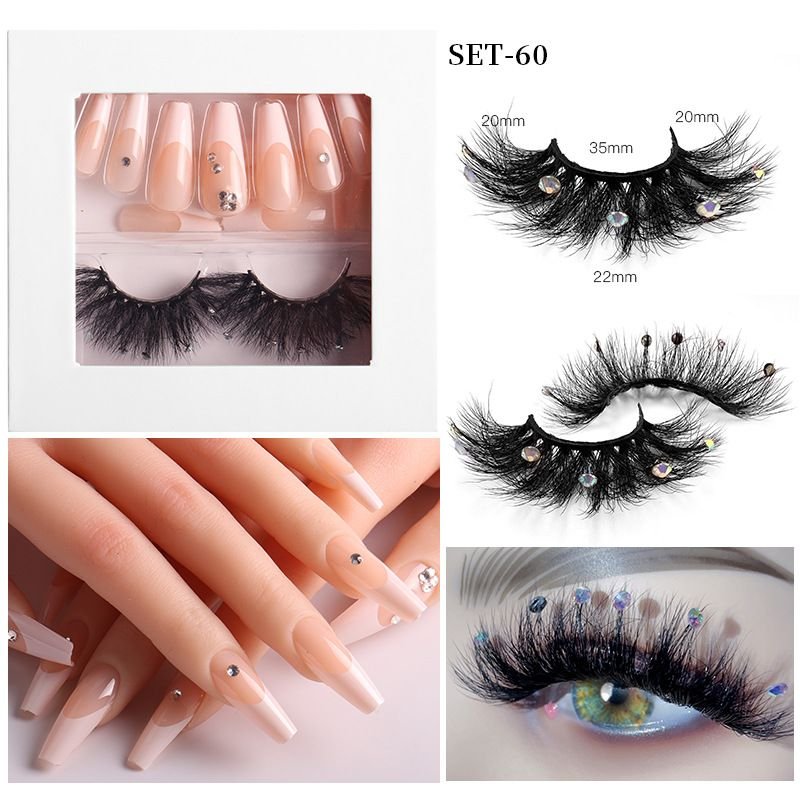 Fashion Rhinestone Mink False Eyelashes And False Nails Set