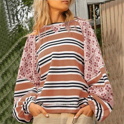 Autumn Winter Women Fashion Stripe Floral Printed Loose Round Neck Long Sleeve Sweatshirt