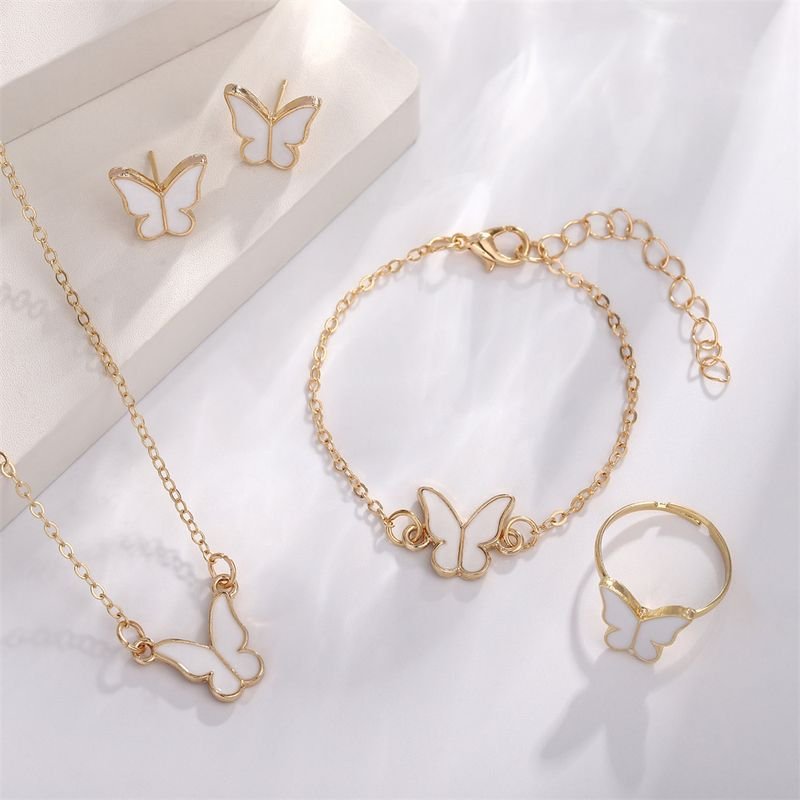 Women Simple Fashion Dropping Oil Butterfly Necklace Earrings Bracelet Ring Four-Piece Set