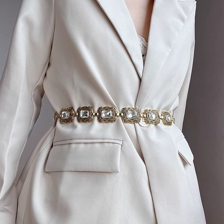 Women Fashion Metal Oval Engraved Chain Rhinestone Belt