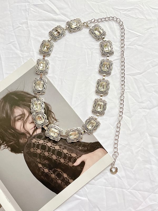 Women Fashion Metal Oval Engraved Chain Rhinestone Belt
